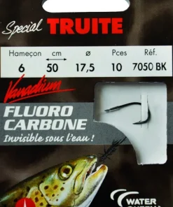WATER QUEEN 10 Hameçons montés fluorocarbone spécial truite forgé renversé à palette 7050 BK 50 cm