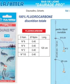 FLASHMER Bas De Lignes Surfcasting|Bas De Ligne Carnassiers^Bas de Ligne Daurade Pro Fluorocarbone 2 Hameçons N° 1/0