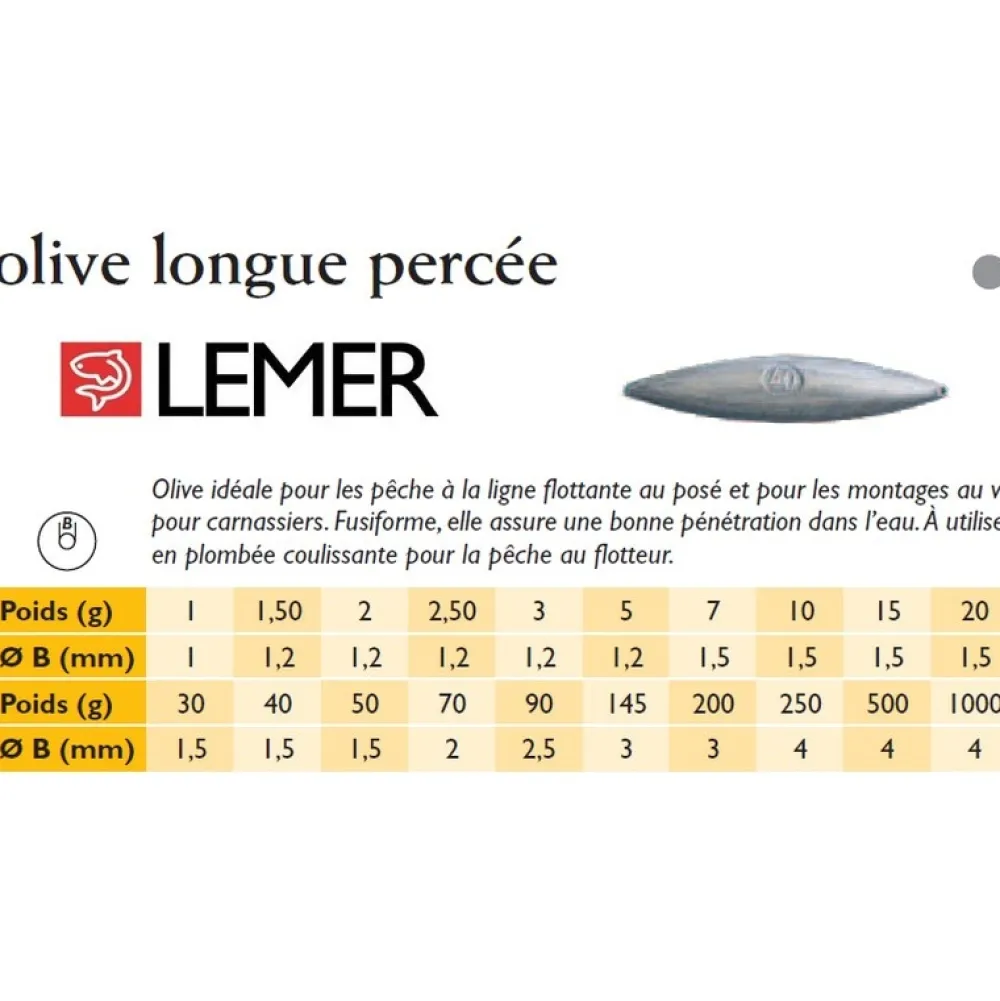 LEMER Plombs|Plombs De Pêche / Bombettes / Buldos / Flotteurs^Plombs Olives longues percées sachet de 100 ou 50